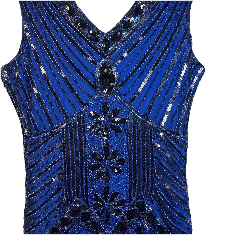1920s Flapper Style Dress Small Blue Black Beaded Sequins Fringed Gatsby Sparkly - Picture 3 of 9